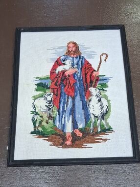 Jesus The Shepherd Caring  for His Sheep Vintage Embroidered Art
